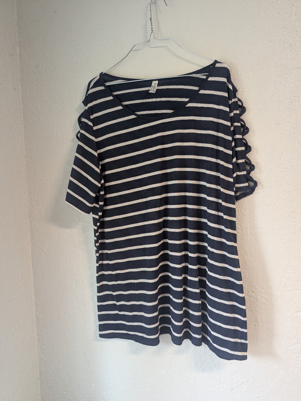 Ladder Sleeve Striped Top 3x Navy Cream Nautical Stretchy Cold Shoulder